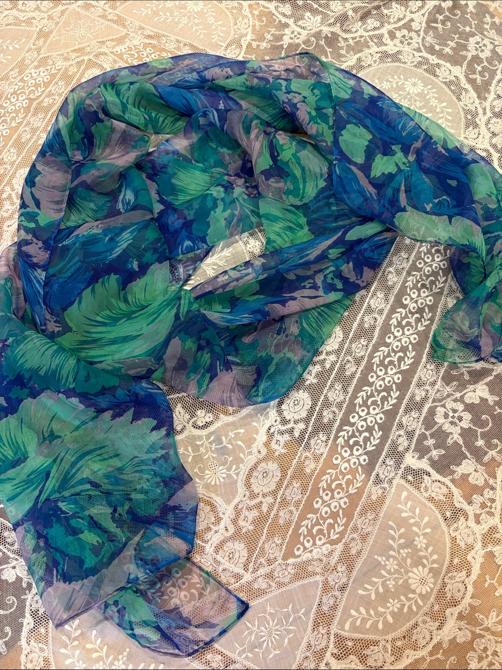 Lightweight Blue & Green Floral Sheer Scarf